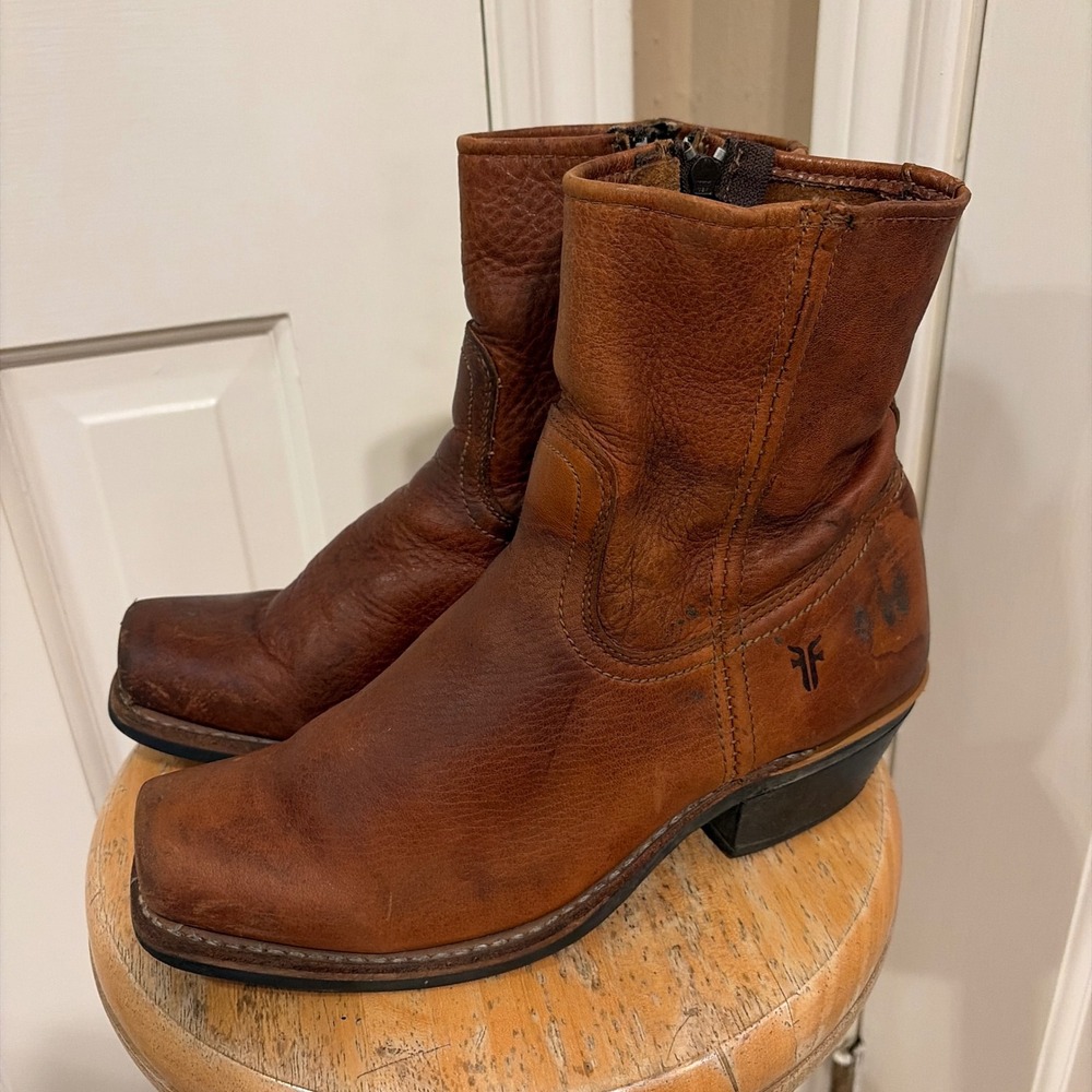 Frye Womens Billy Inside Zip Ankle Boots Cognac Brown 8.5 Square Toe Leather